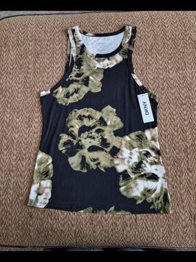 DKNY Black Tank Top with Olive & Cream Floral Print